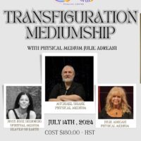 A poster with three people and the words " transfiguration mediumship ".