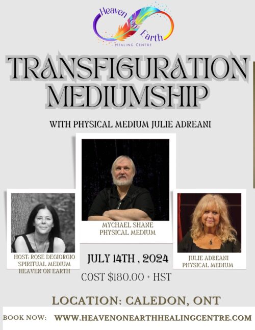 A poster with three people and the words " transfiguration mediumship ".